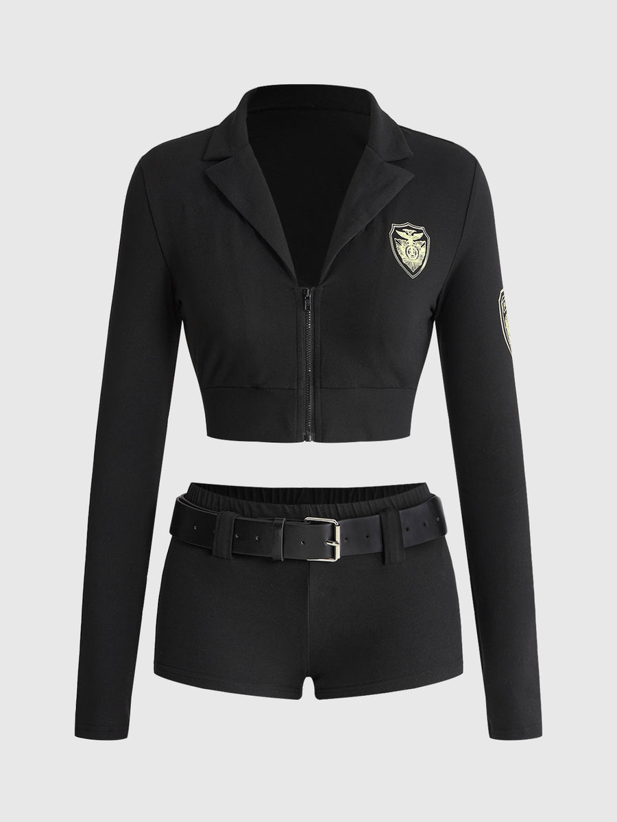 Women's two-piece black police cosplay costume set including a long sleeve zip-up cropped lapel top and low waist mini shorts.