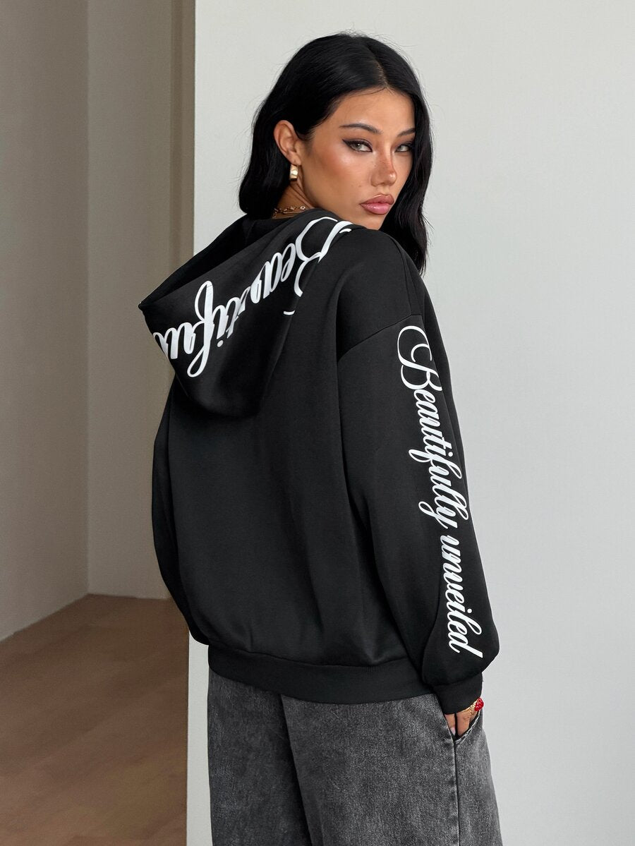 Women's brown leopard print zip-up hoodie with contrast faux fur trim and long bishop sleeves