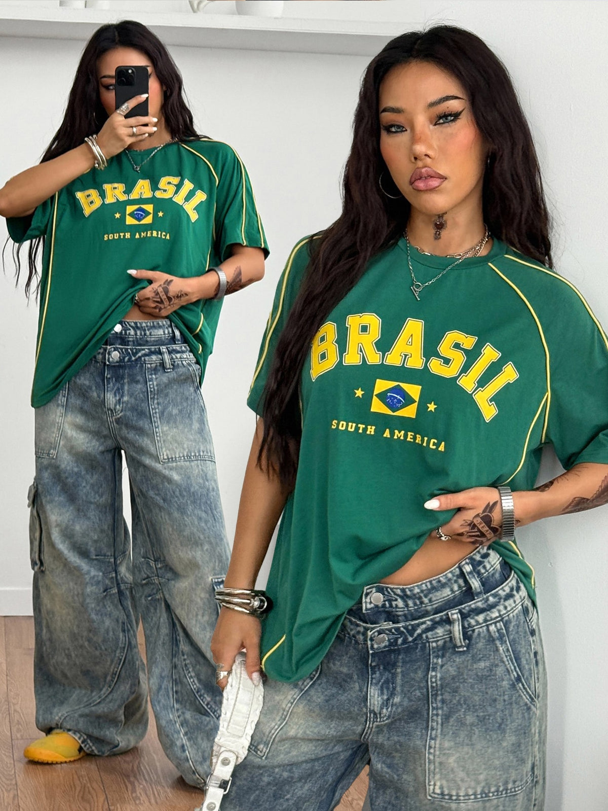Yellow oversized graphic t-shirt featuring Brazil letter print on the front with contrast raglan sleeves and side stripe detailing.