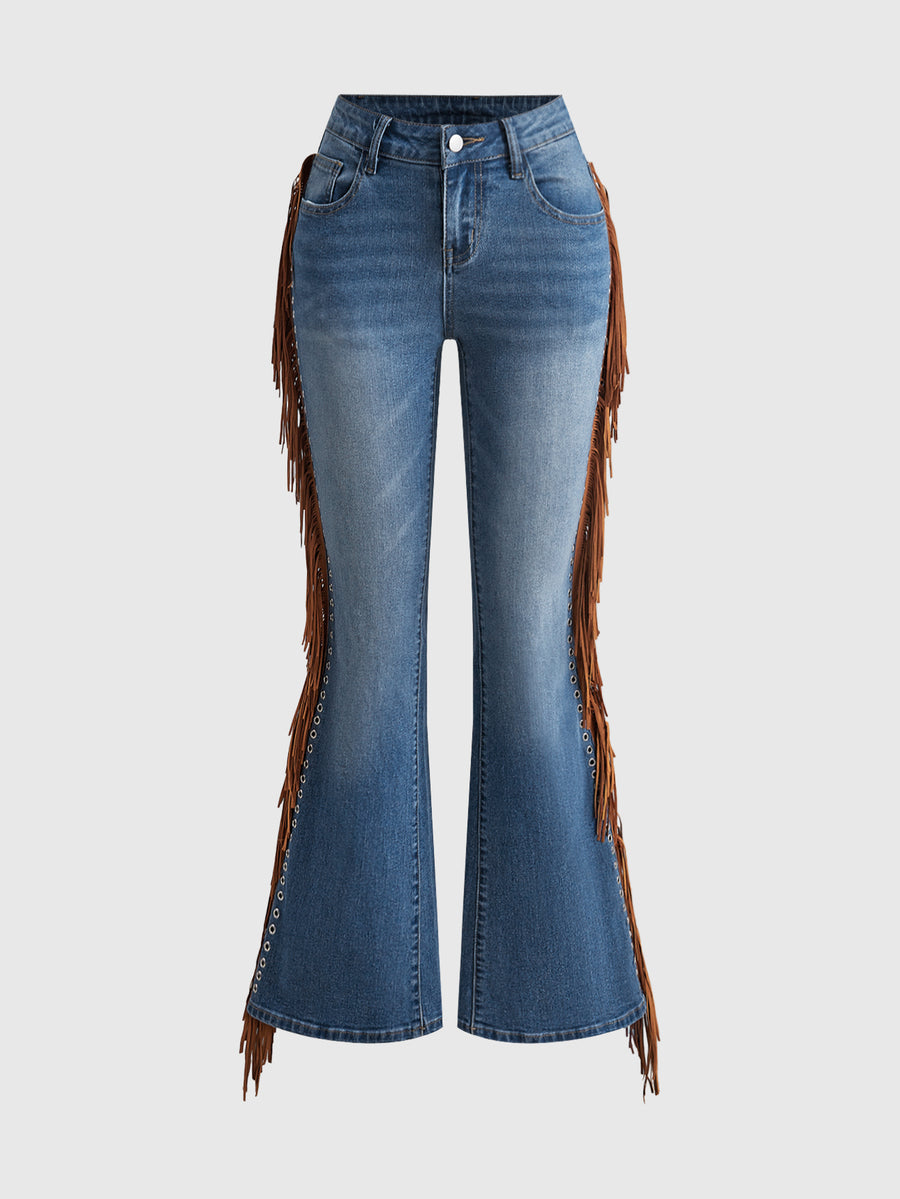 Women's ultra low waist flare jeans in washed stretch denim featuring an extra long bootcut leg and zipper fly closure.