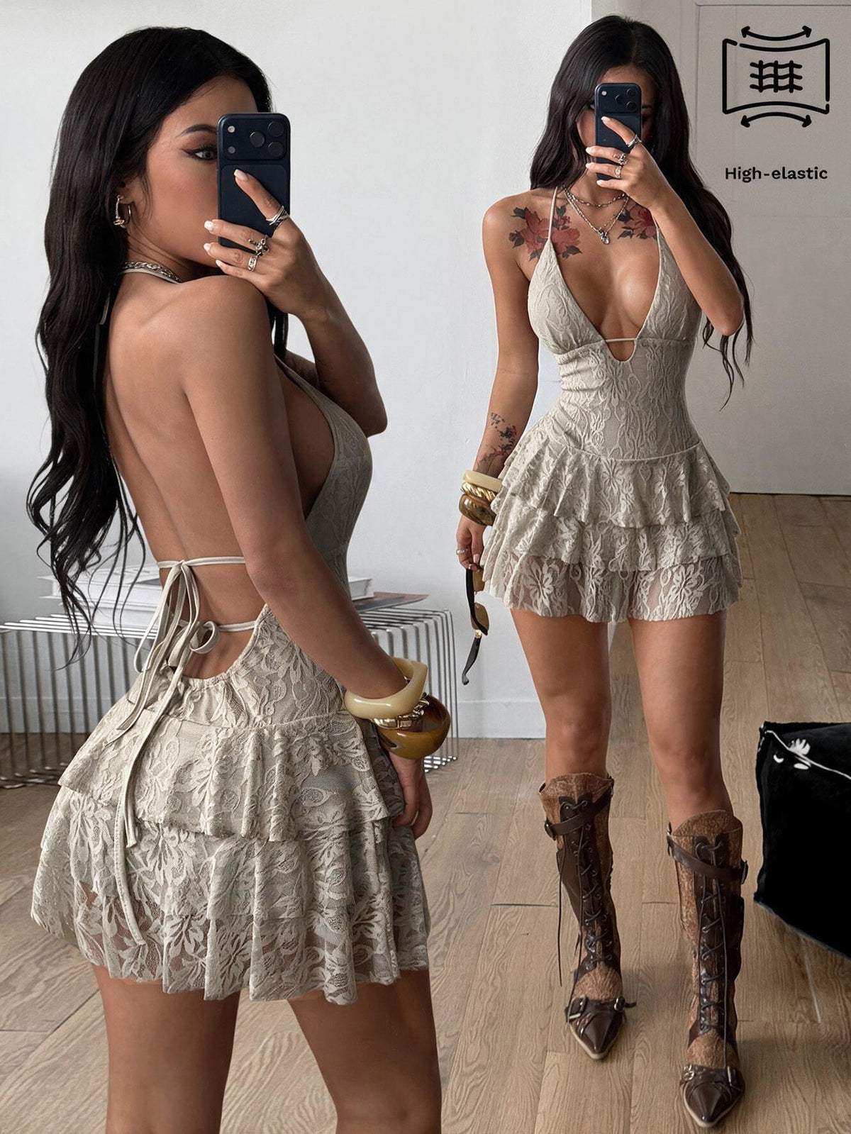 Front view of a women's lace halter mini dress featuring a slim-fit bodice, flared hem, and sleeveless design.