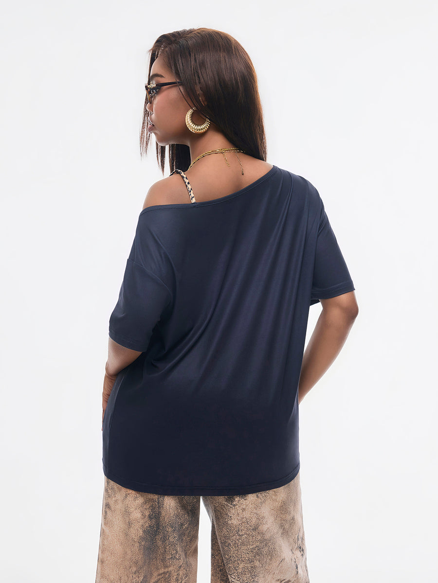 Women's casual loose fit cold shoulder cotton t-shirt with asymmetrical cutout neckline and short sleeves.