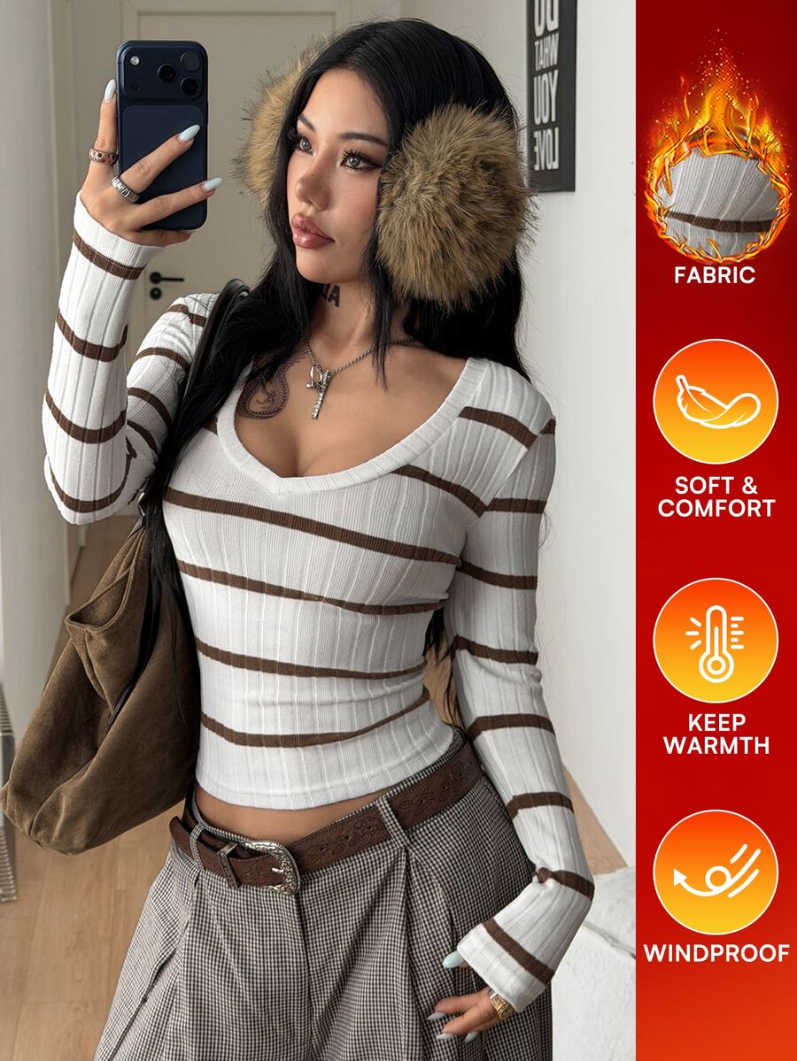 Women's slim fit long sleeve V-neck t-shirt with ruched bustier details in knitted stretch fabric