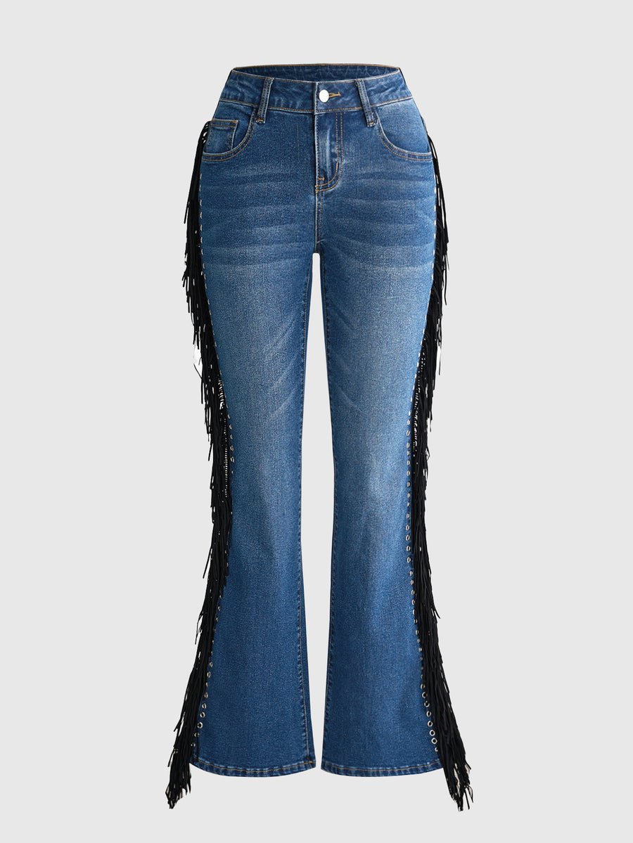 Women's ultra low waist flare jeans in washed stretch denim featuring an extra long bootcut leg and zipper fly closure.