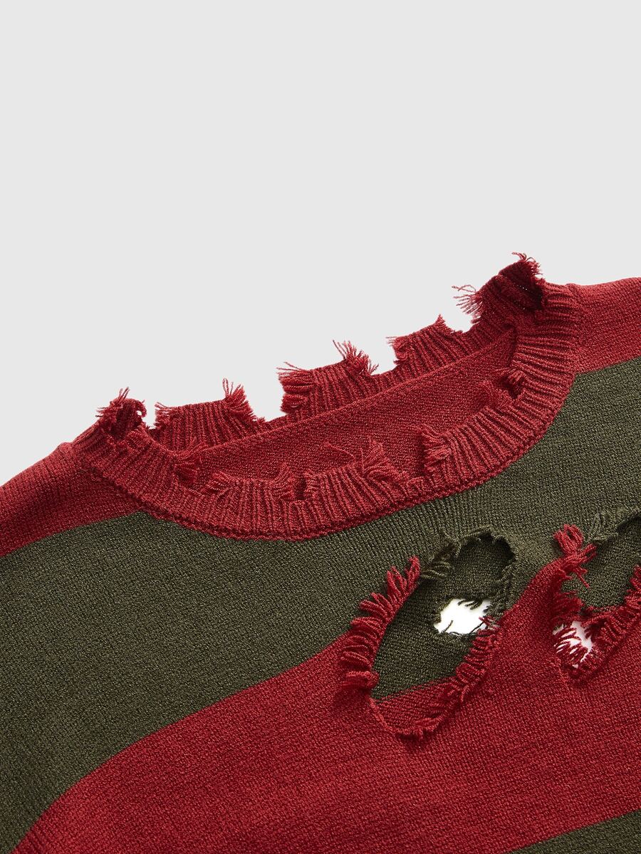 Plus size women's multicolor striped pullover sweater featuring distressed ripped accents, round neckline, drop shoulders, and raw hem.