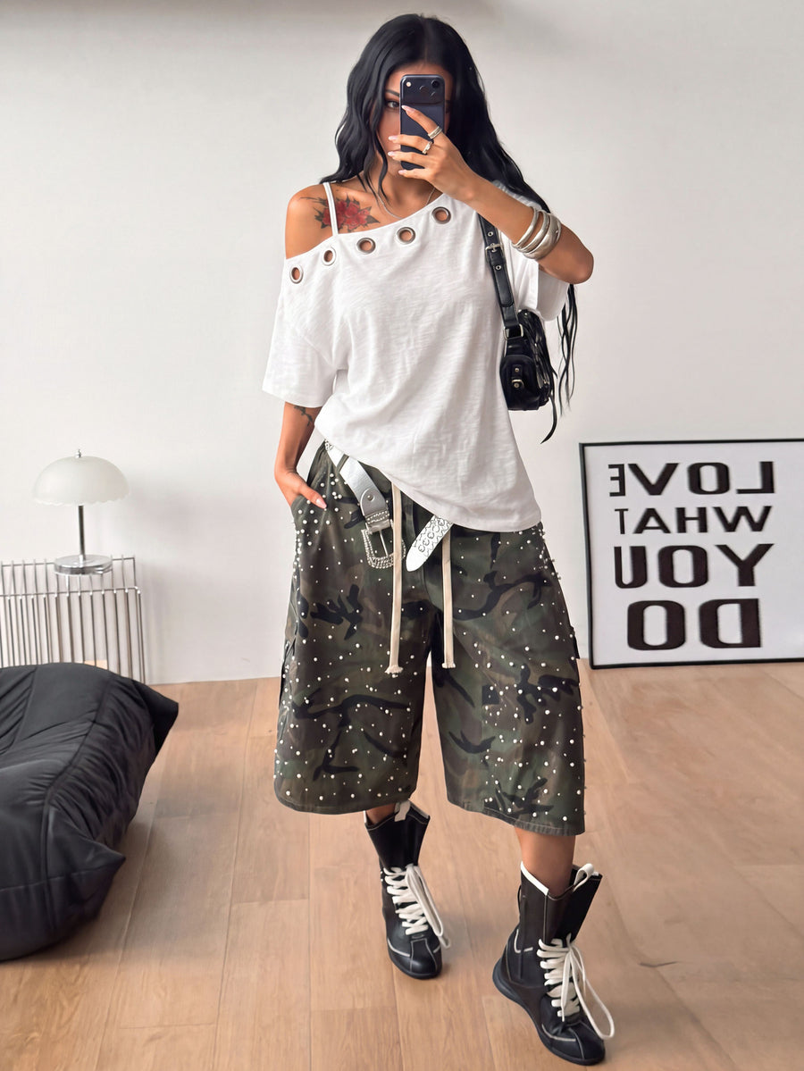 Women's casual loose fit cold shoulder cotton t-shirt with asymmetrical cutout neckline and short sleeves.