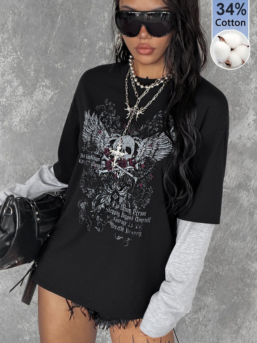 Women's casual graphic long sleeve t-shirt with a round neck, drop shoulder sleeves, and loose relaxed fit.