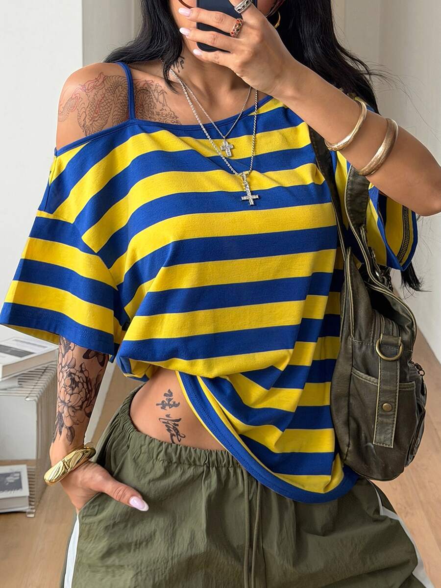 Women's casual loose fit cold shoulder cotton t-shirt with asymmetrical cutout neckline and short sleeves.