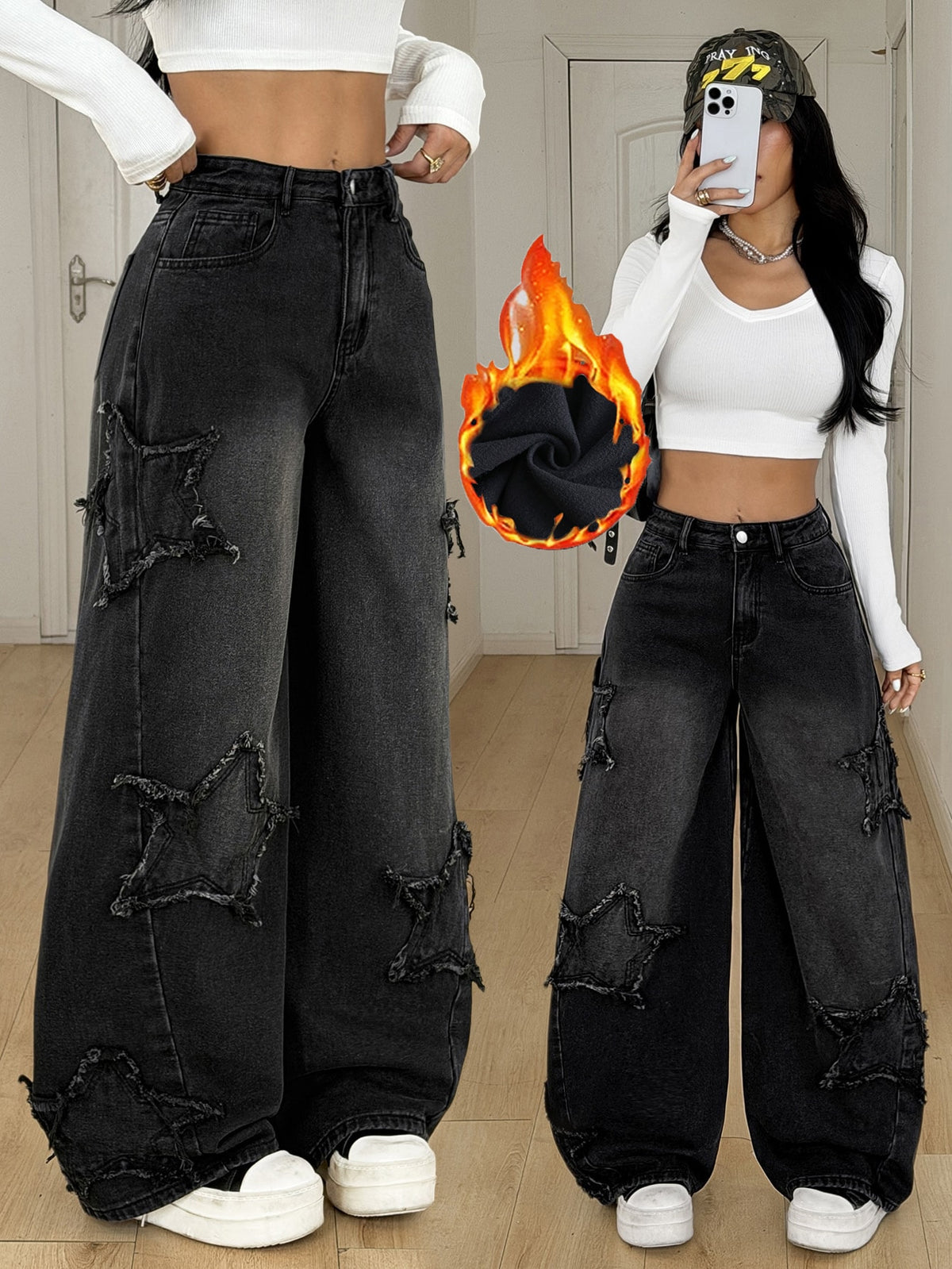 Front view of women's loose wide leg denim jeans featuring a mid waist, classic front pockets, and a zipper fly closure.