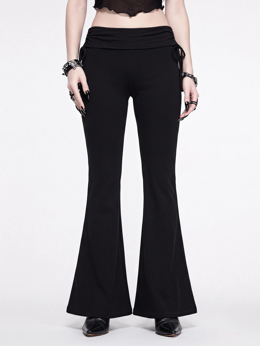 Women's low waist flare leg pants featuring an elastic drawstring waistband and ruched detail in knitted fabric.
