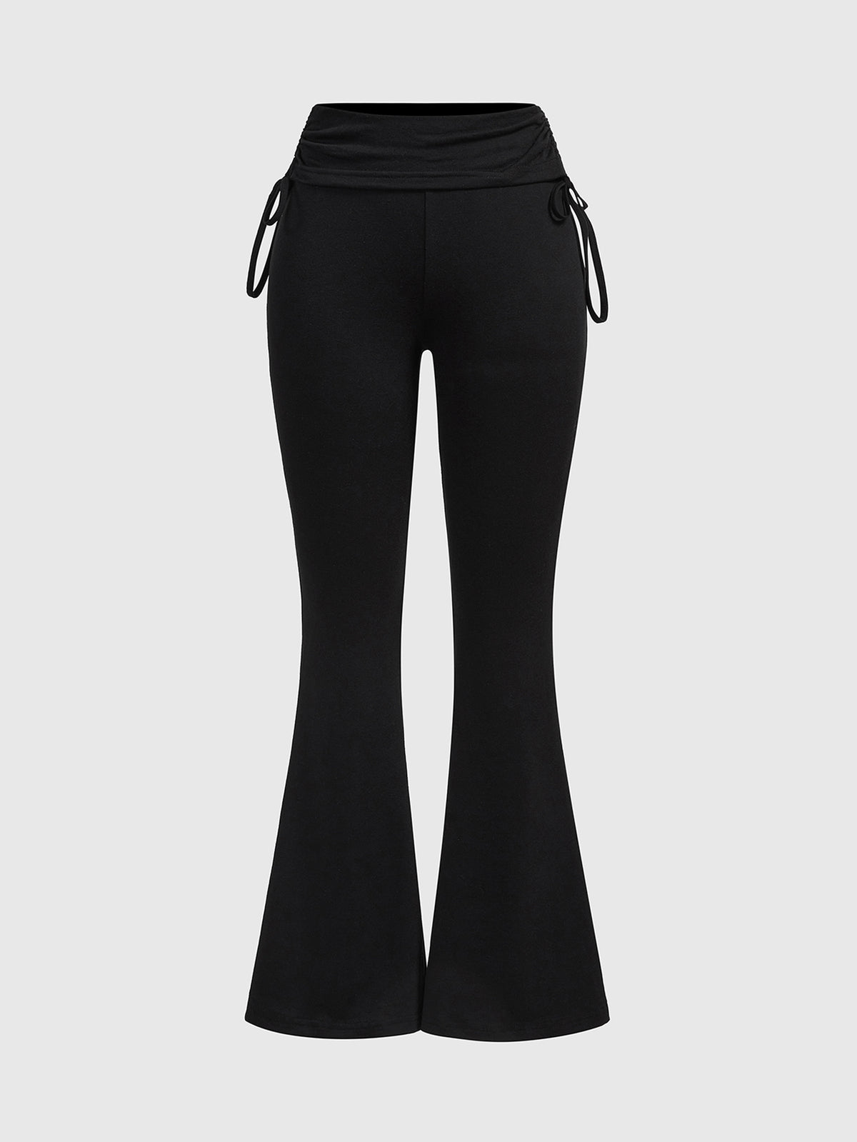 Women's low waist flare leg pants featuring an elastic drawstring waistband and ruched detail in knitted fabric.