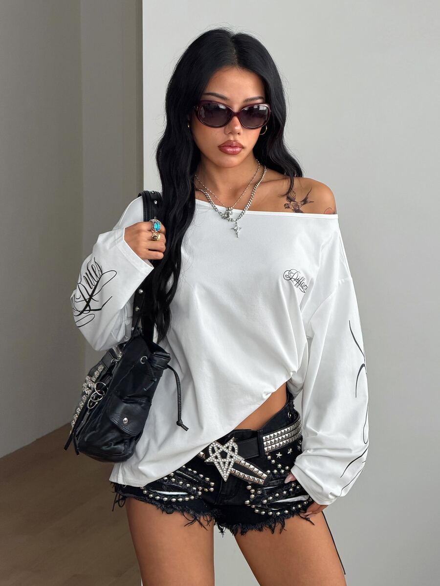 Women's brown striped boat neck long sleeve raglan T-shirt with a loose casual fit