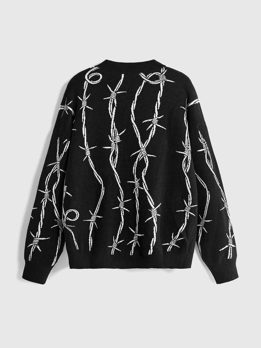 Women's oversized gothic thorn jacquard knit cardigan with V-neckline, button-front closure, and long drop-shoulder sleeves.