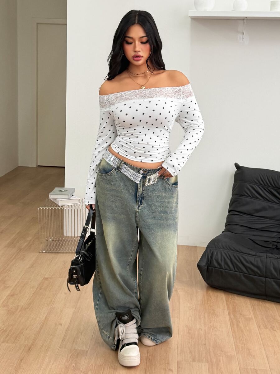 Women's striped off the shoulder long-sleeve top with contrast lace trim and ribbed knit texture.