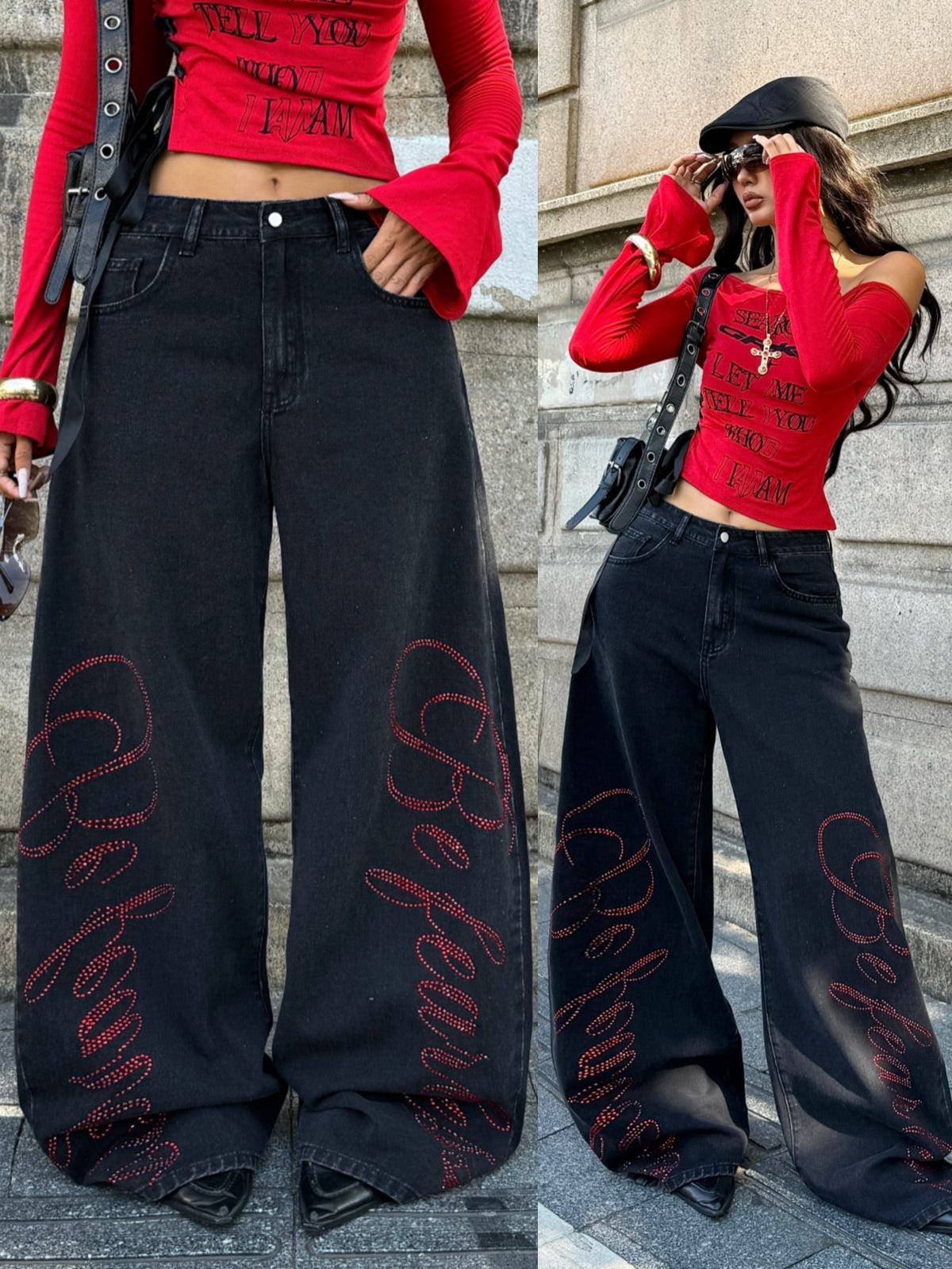 Front view of women's loose wide leg denim jeans featuring a mid waist, classic front pockets, and a zipper fly closure.