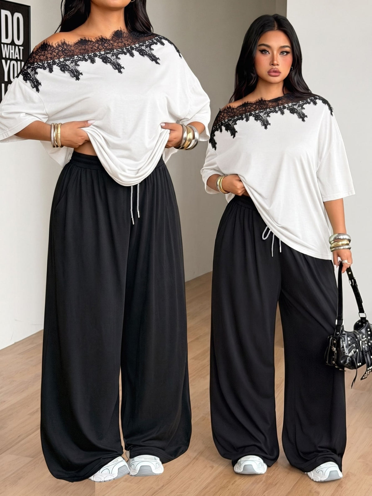 Women's casual two-piece outfit featuring a loose short-sleeve asymmetrical neck t-shirt and matching long wide leg pants with pockets.