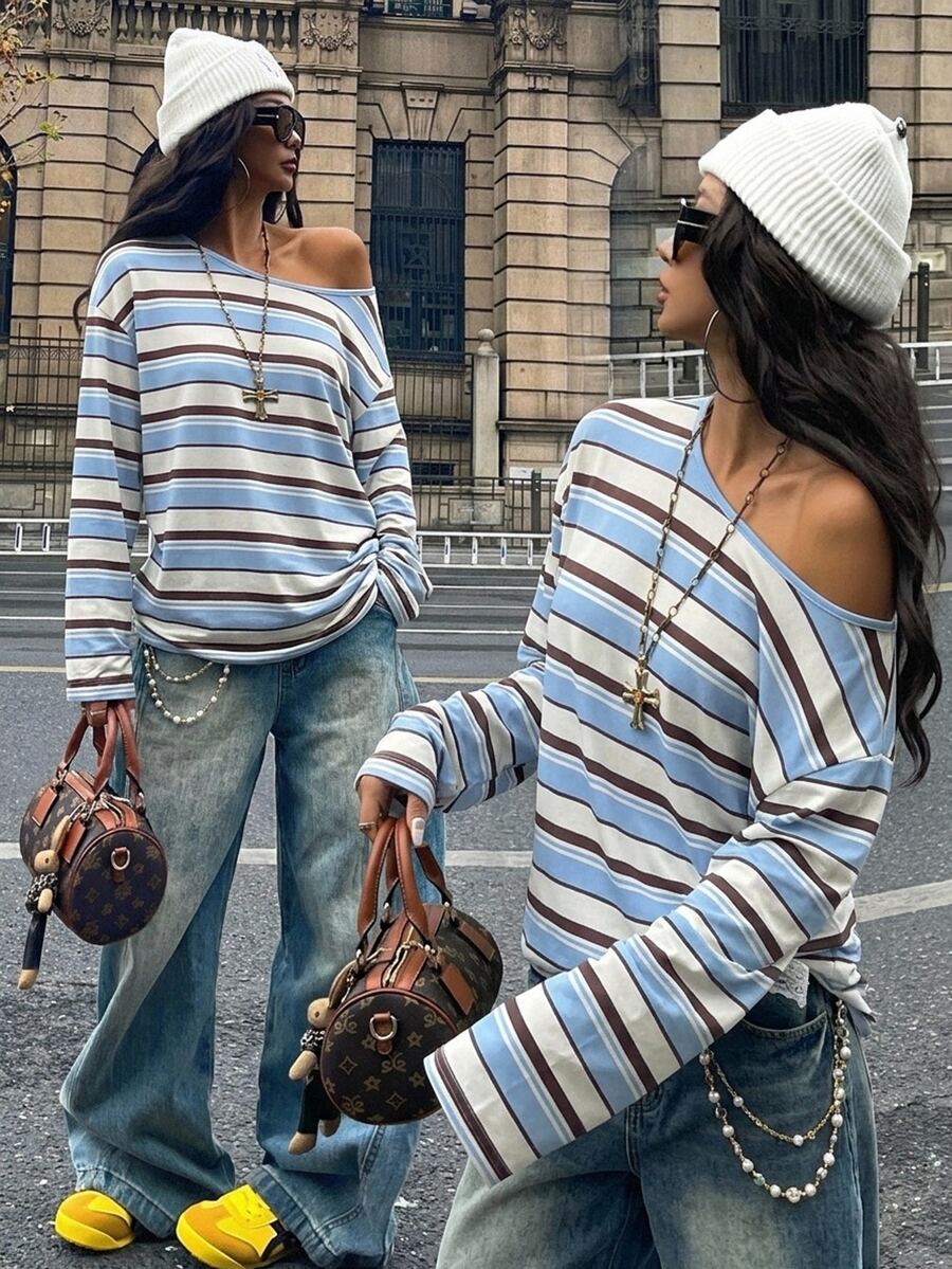 Women's brown striped boat neck long sleeve raglan T-shirt with a loose casual fit