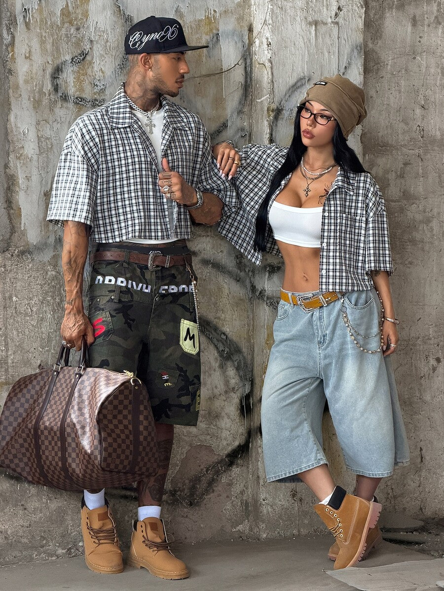 Women's plaid crop shirt with button front, chest pocket, short sleeves, and loose casual fit.