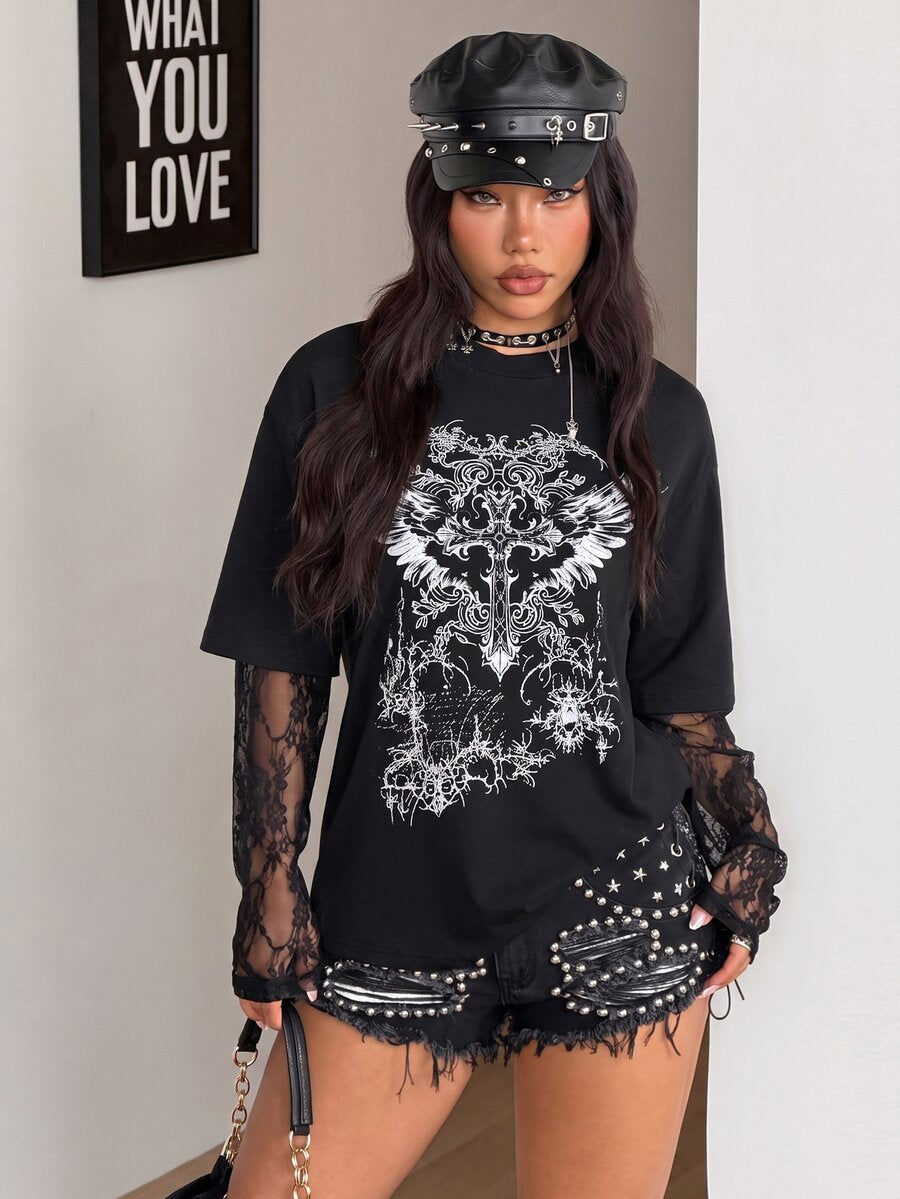 Women's casual graphic long sleeve t-shirt with a round neck, drop shoulder sleeves, and loose relaxed fit.