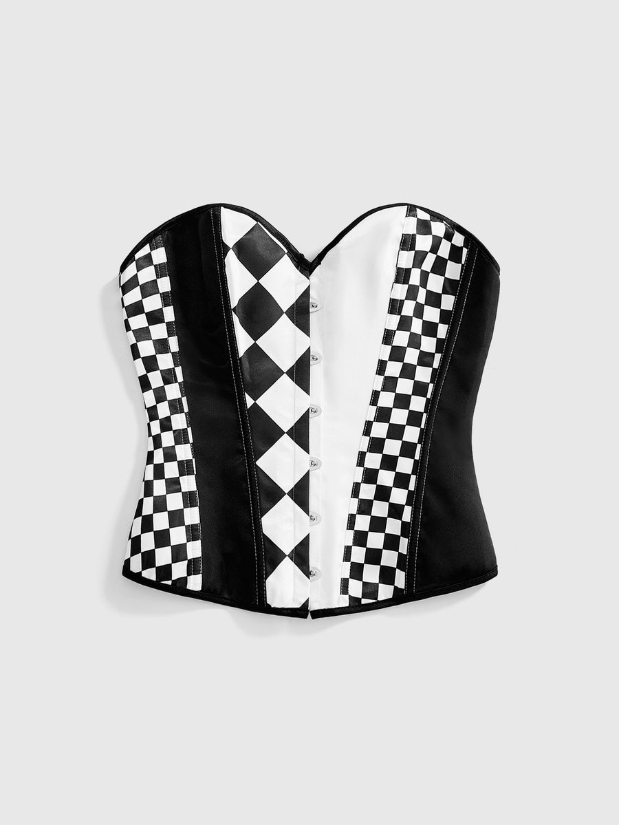 Black and white checkerboard pattern strapless bandeau bodysuit top with lace-up front, button detailing, and an asymmetrical hem in smooth satin.