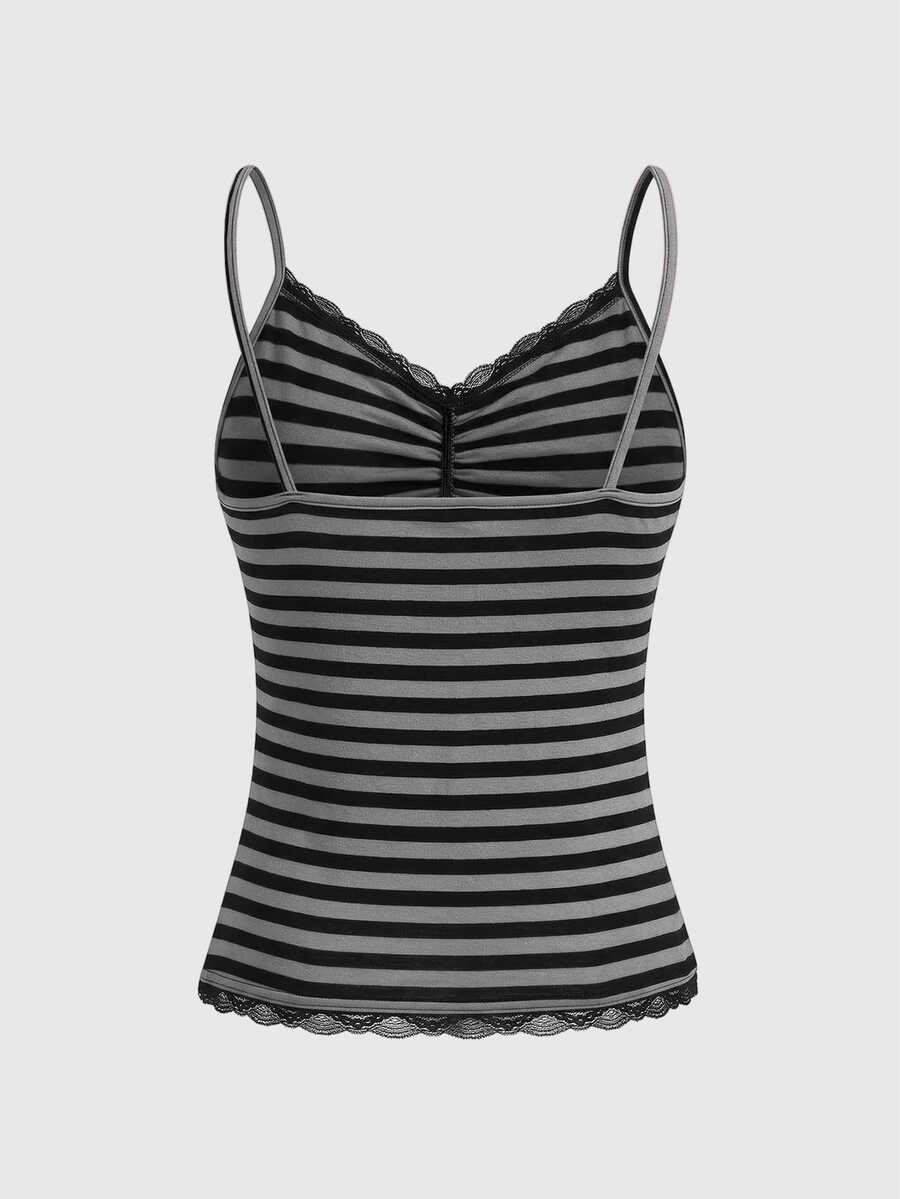 Women's striped rib-knit camisole top with contrast lace trim, ruched details, and spaghetti straps.