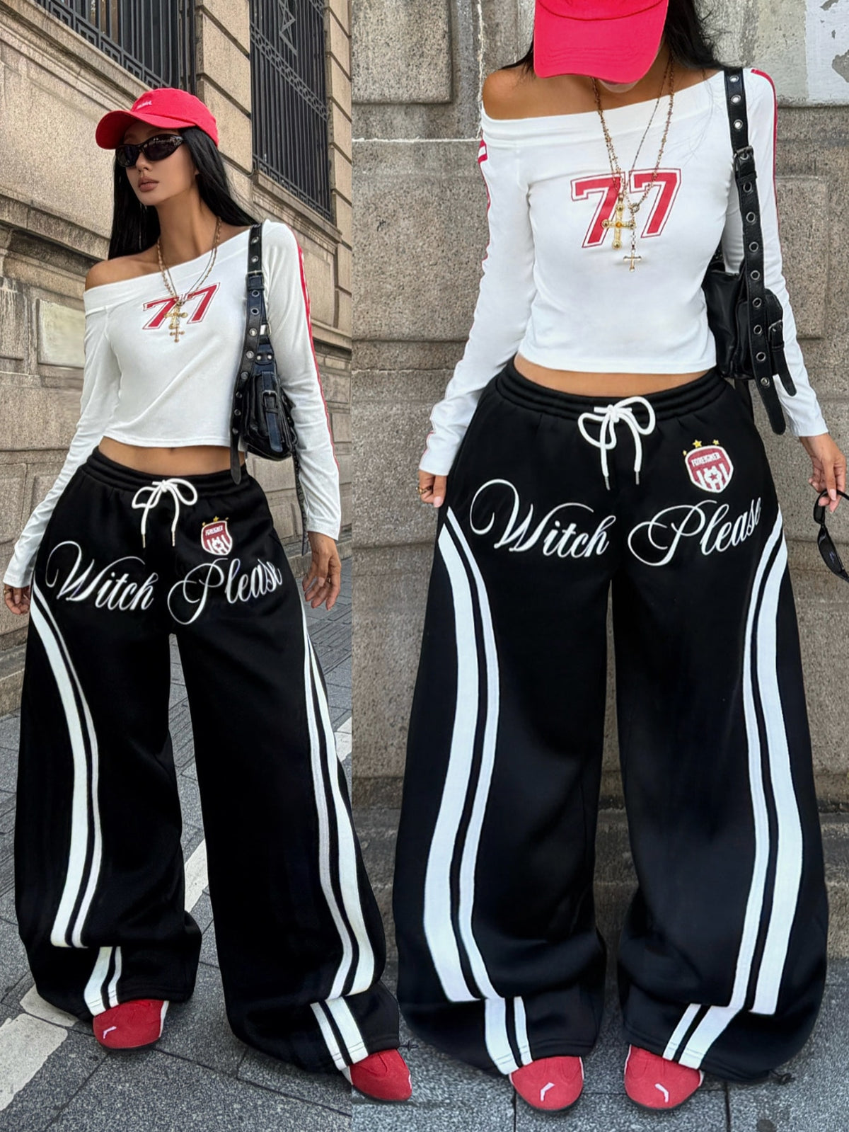 Women's loose fit wide leg graphic sweatpants in light grey with an elastic drawstring waistband