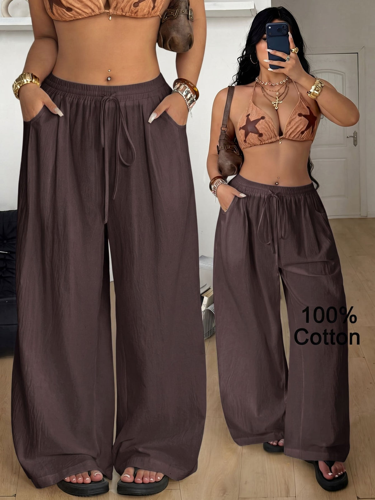 Plus size women's striped loose straight leg cropped pants with pleated detailing and side pockets