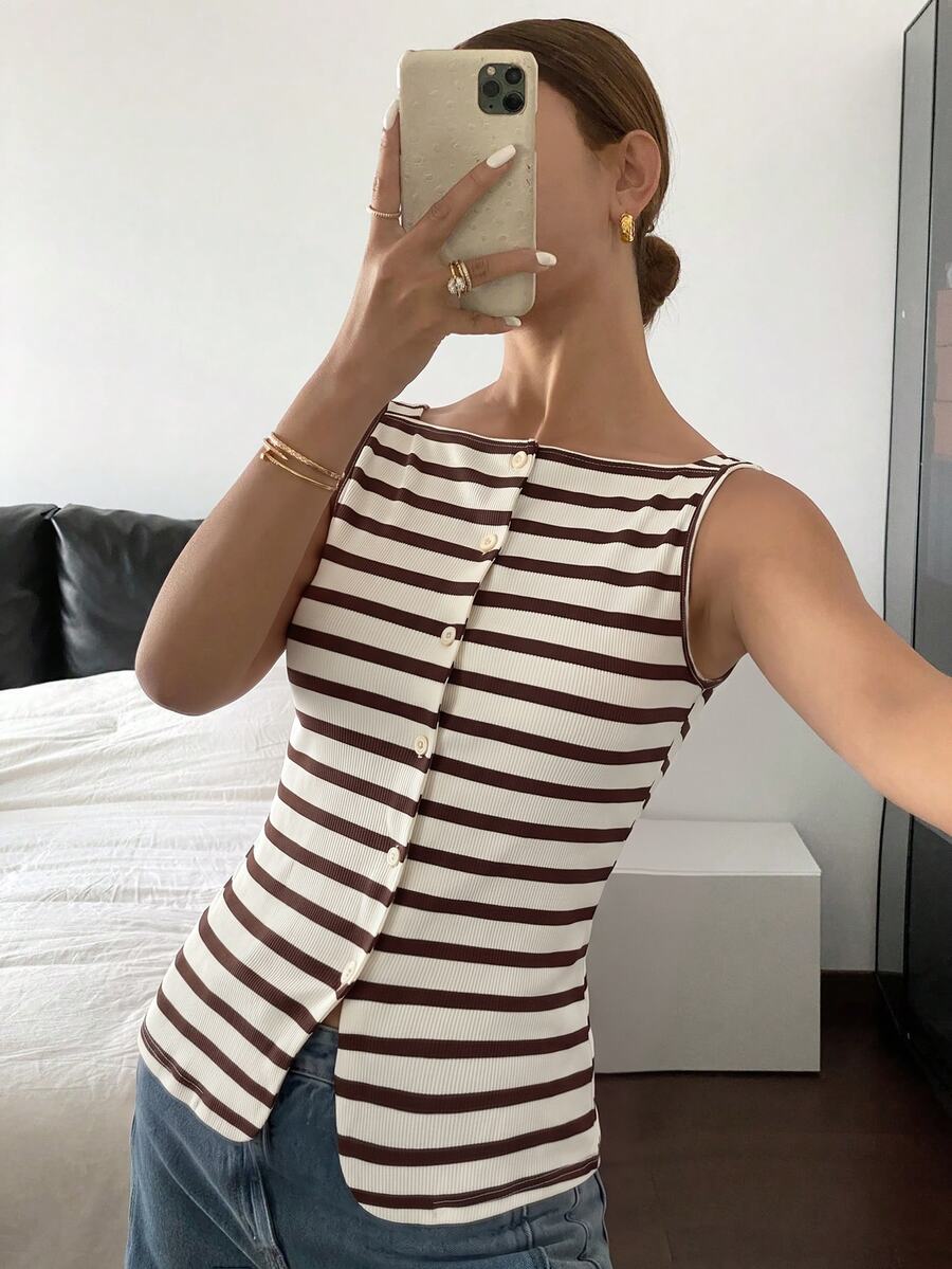 Striped ribbed knit tank top for women featuring a button-down front, sleeveless design, and slim fit silhouette.