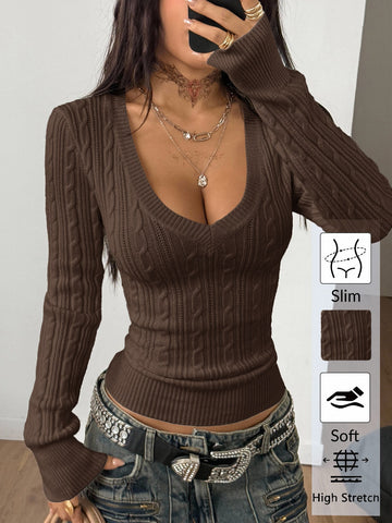 Women's brown V-neck cable knit slim fit long sleeve sweater with textured knit pattern