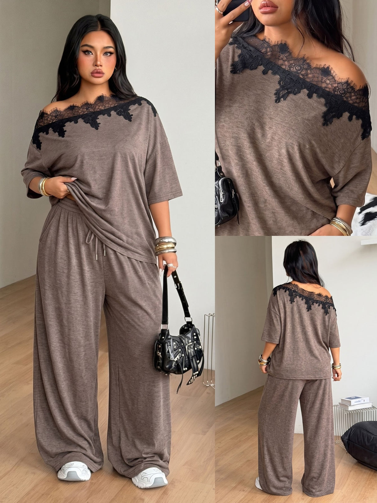 Women's casual two-piece outfit featuring a loose short-sleeve asymmetrical neck t-shirt and matching long wide leg pants with pockets.