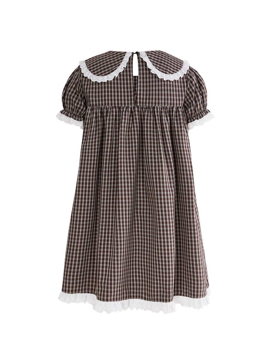 Women's plaid mini dress featuring a contrast lace Peter Pan collar, front bow accent, and short puff sleeves in a loose fit.