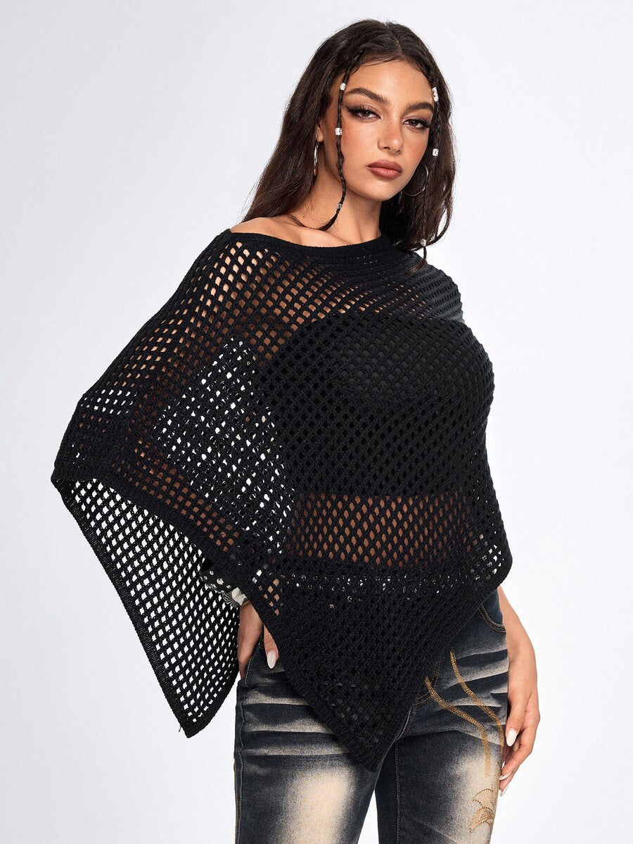 Women's casual hollow knit poncho top with boat neck, cloak sleeves, and asymmetrical hem