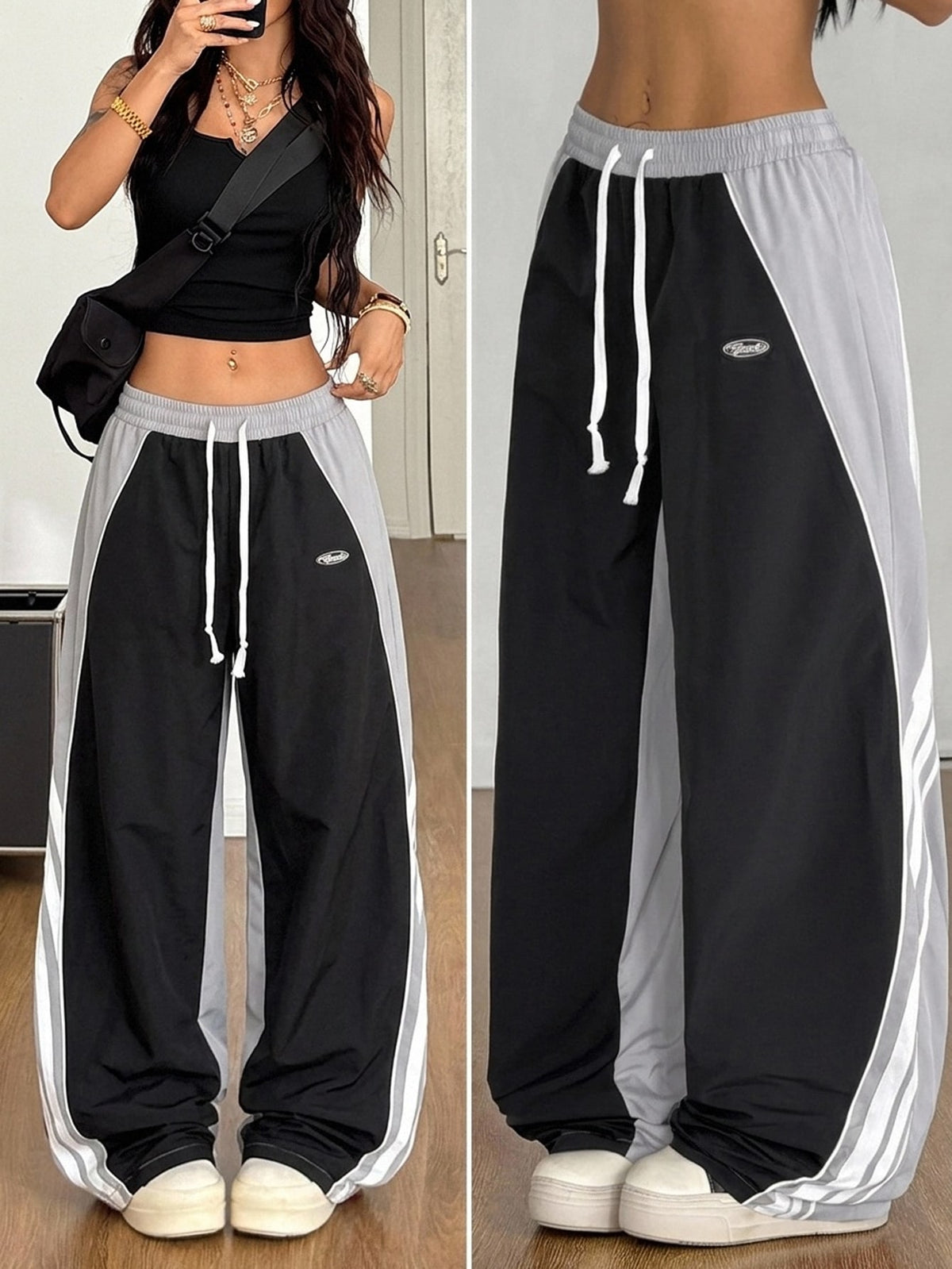 Women's loose fit straight leg pants in black and white with banded texture design, low drawstring waist, and pockets.