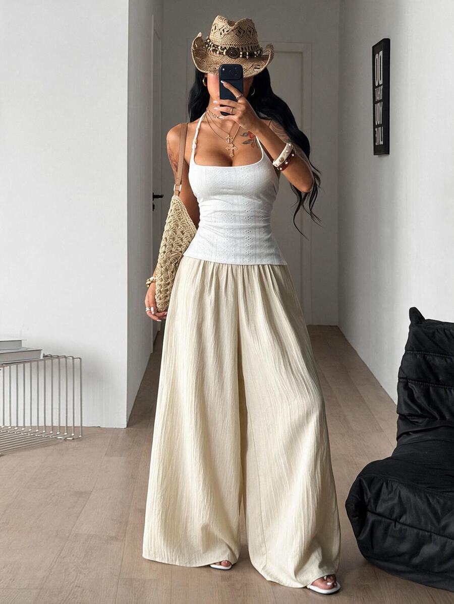 Women's textured wide leg pants with elastic waist and loose relaxed fit