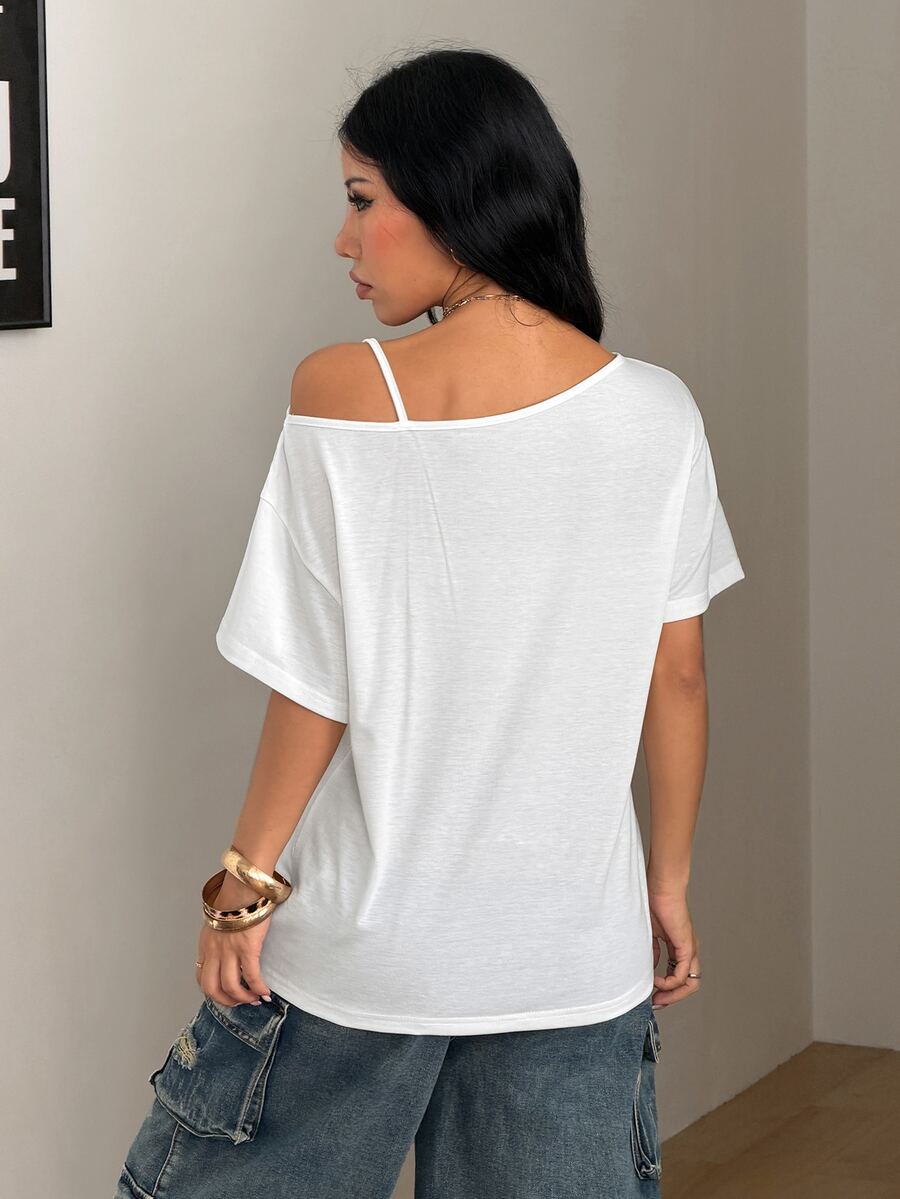 Women's white short sleeve t-shirt featuring an asymmetrical neckline with cut-out detail and a colorful animal tiger print.