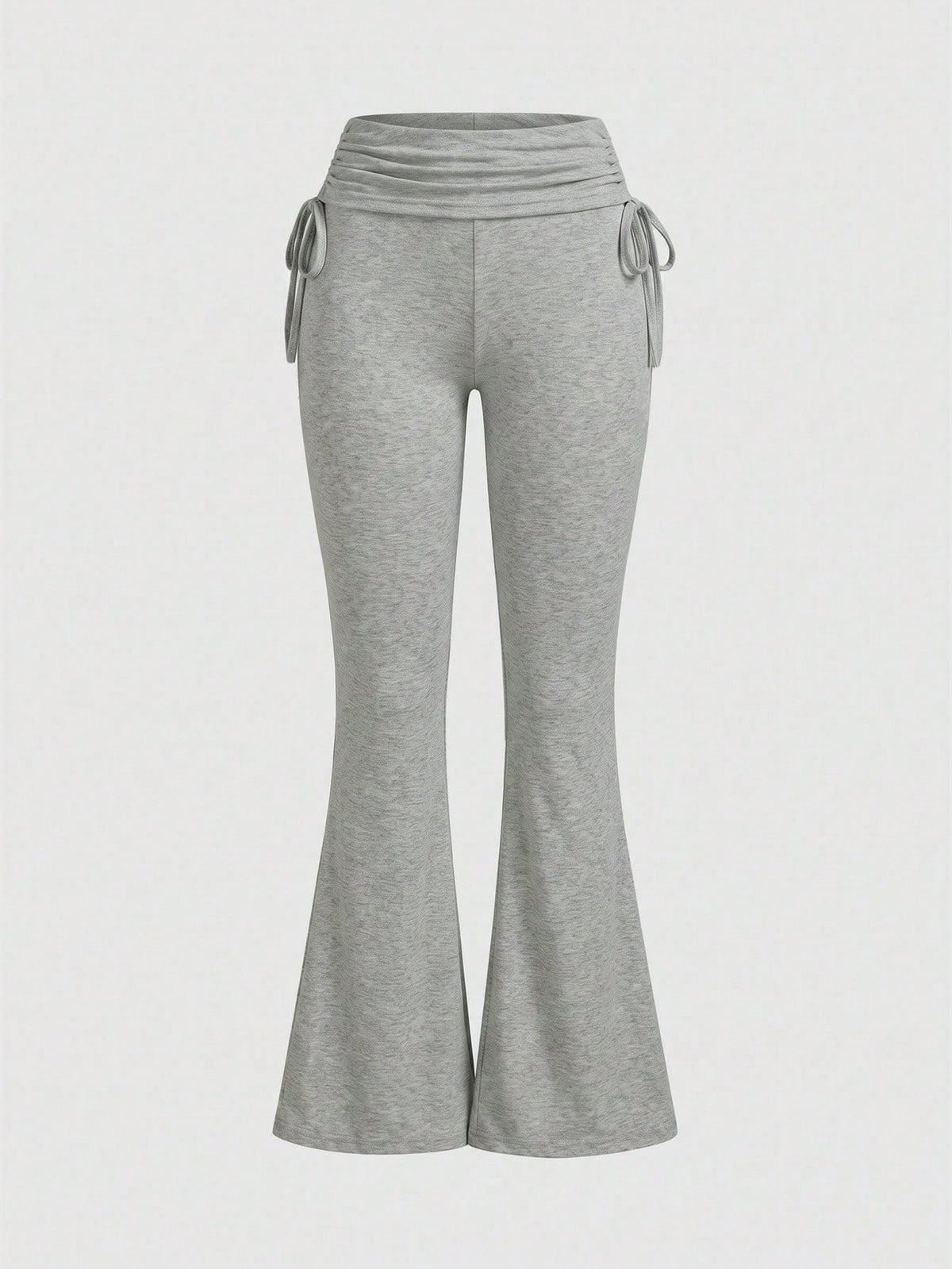 Women's low waist flare leg pants featuring an elastic drawstring waistband and ruched detail in knitted fabric.