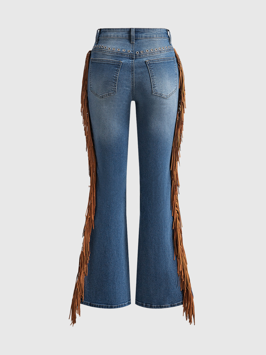 Women's ultra low waist flare jeans in washed stretch denim featuring an extra long bootcut leg and zipper fly closure.