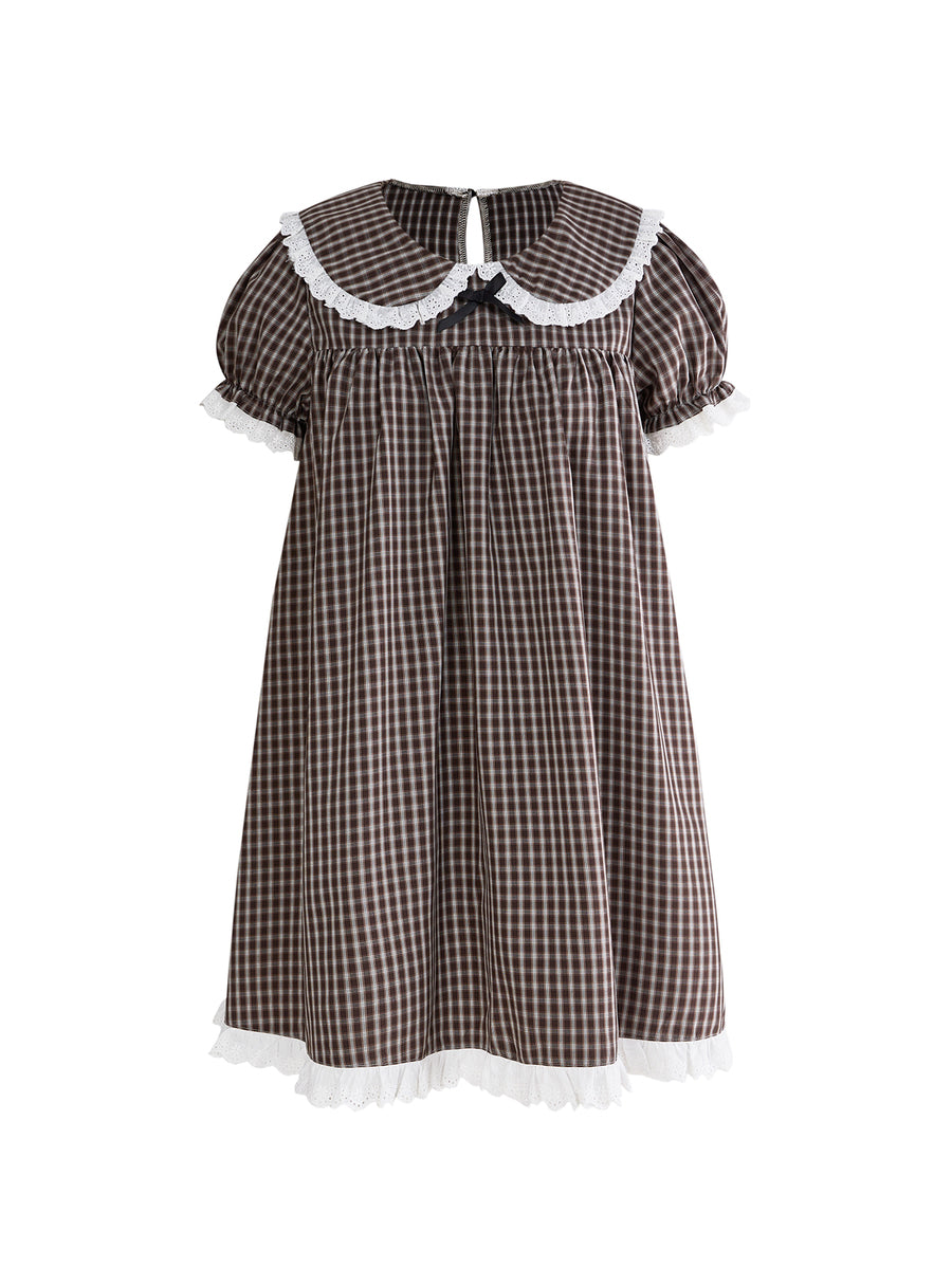 Women's plaid mini dress featuring a contrast lace Peter Pan collar, front bow accent, and short puff sleeves in a loose fit.