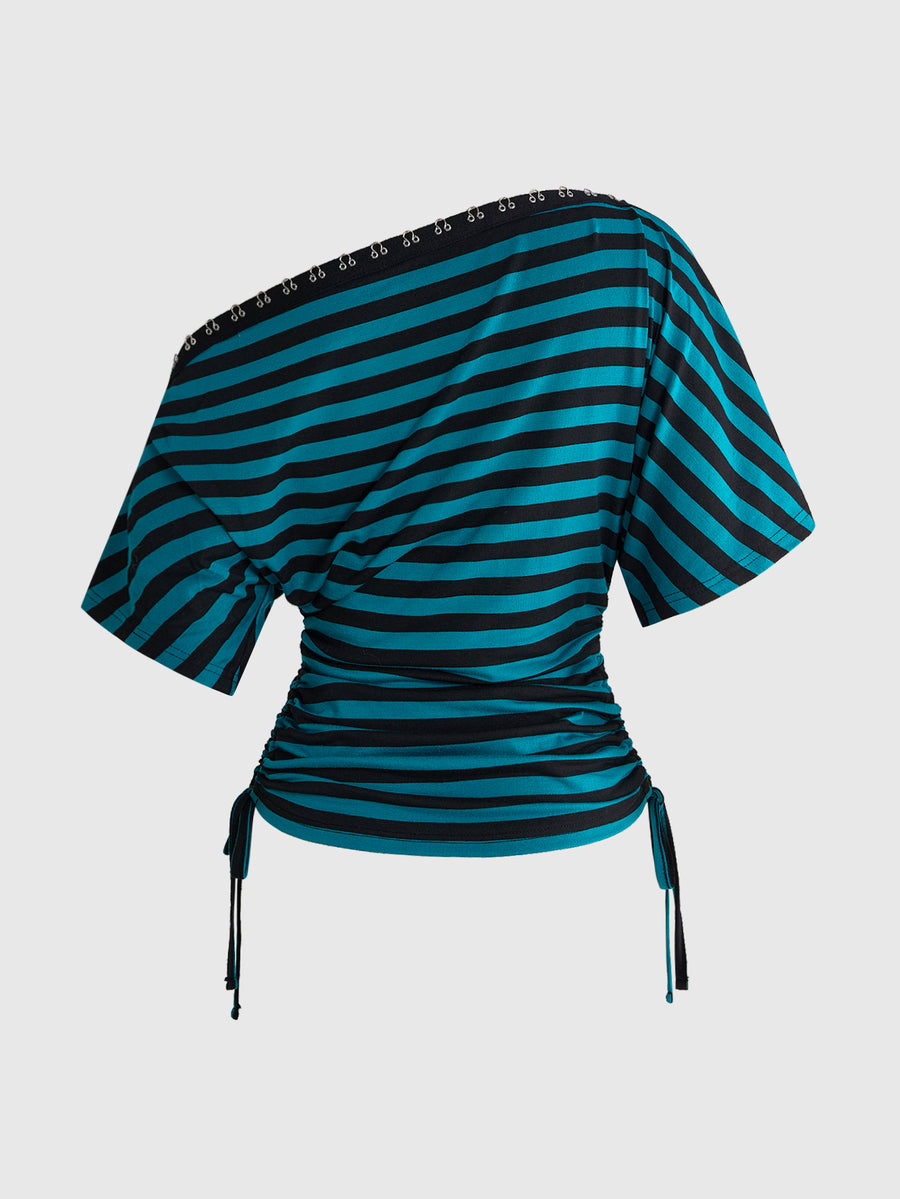 Women's slim fit short sleeve t-shirt featuring an asymmetric off-the-shoulder neckline, ruched design, and metal buckle detail.