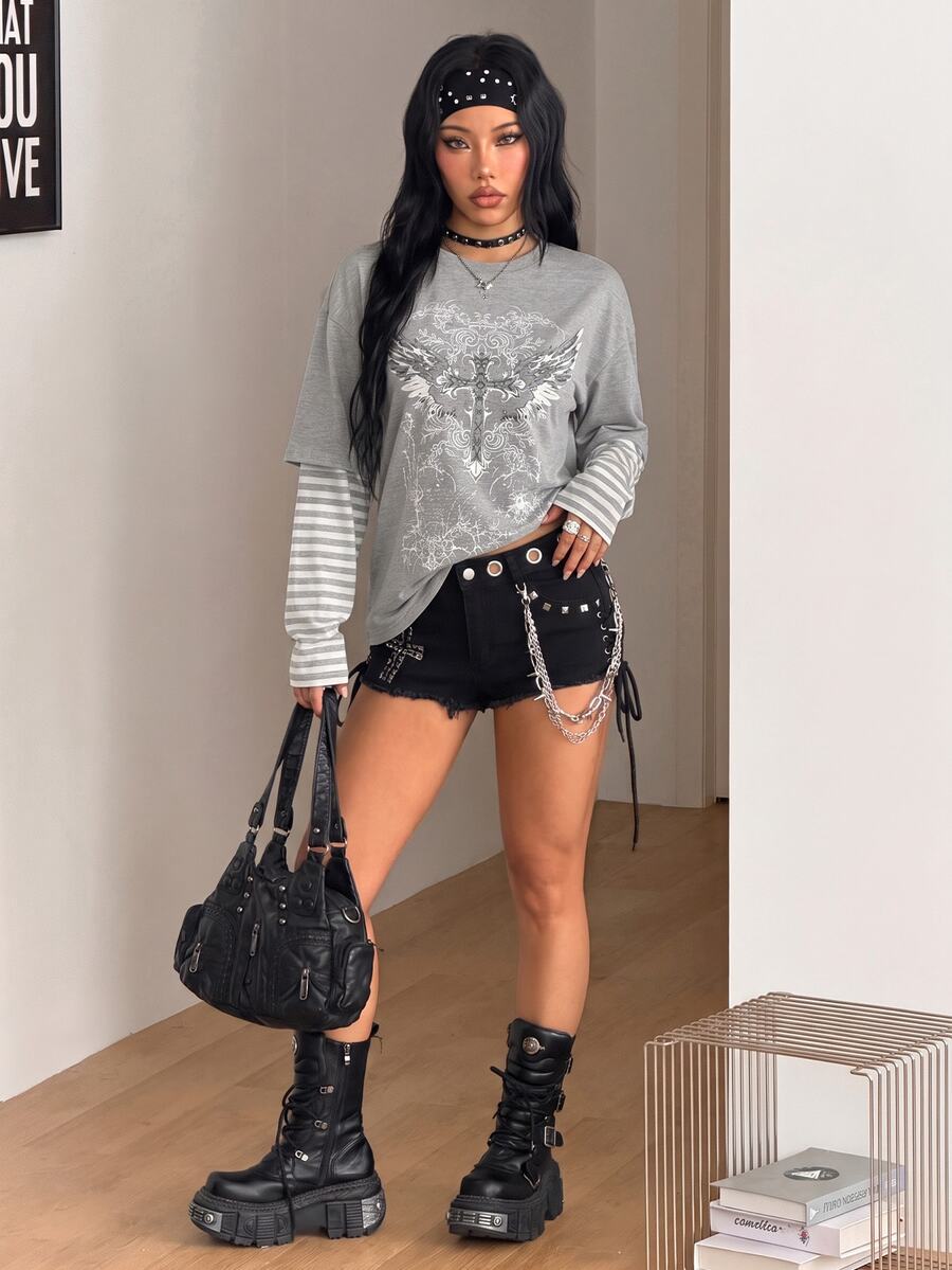 Women's casual graphic long sleeve t-shirt with a round neck, drop shoulder sleeves, and loose relaxed fit.