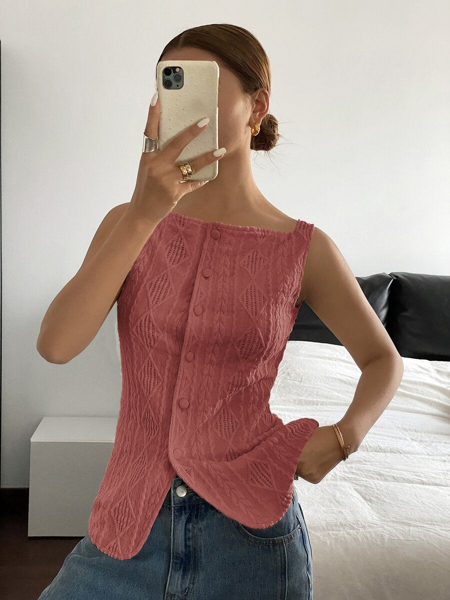 Striped ribbed knit tank top for women featuring a button-down front, sleeveless design, and slim fit silhouette.