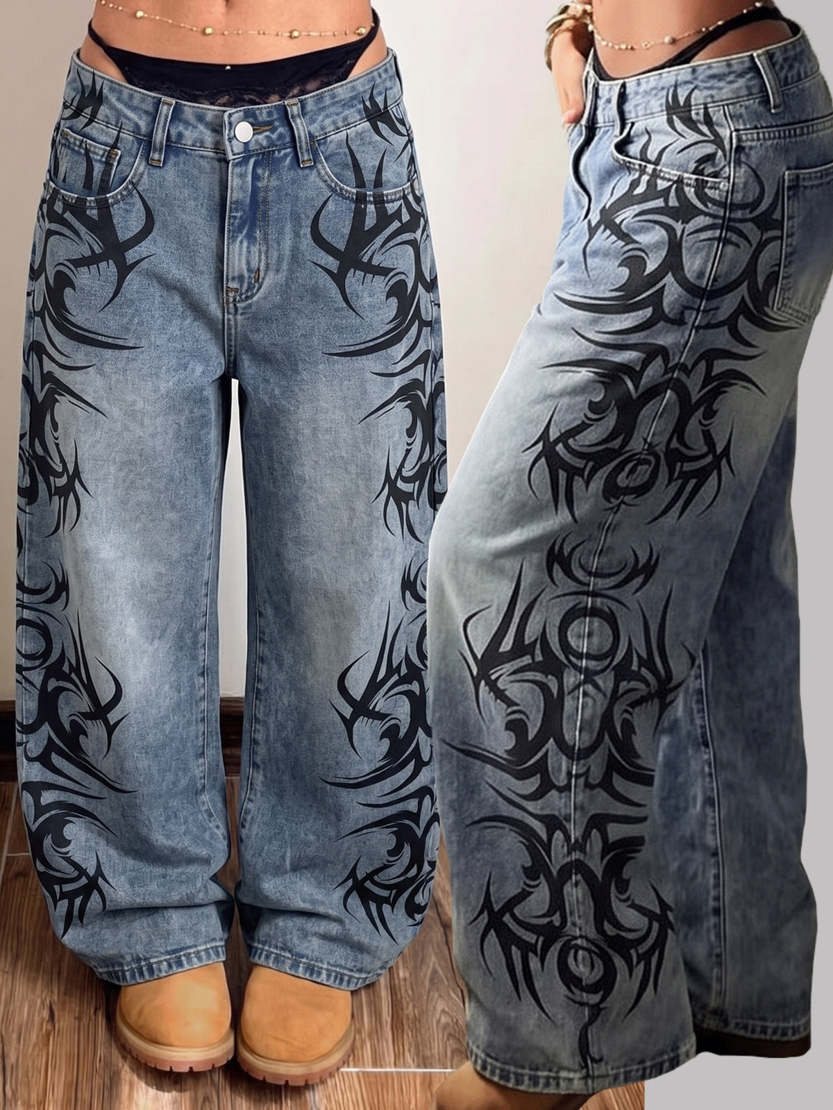 Front view of women's loose wide leg denim jeans featuring a mid waist, classic front pockets, and a zipper fly closure.