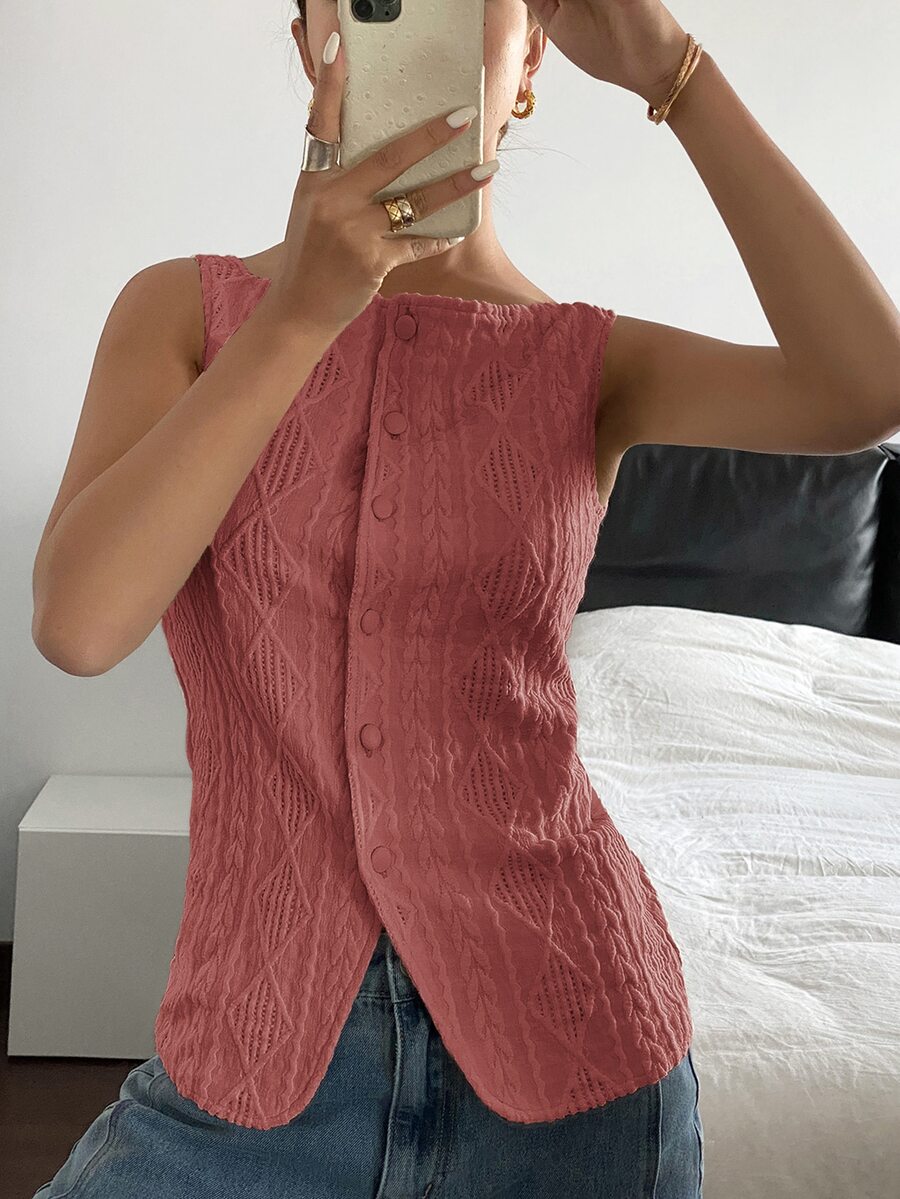 Striped ribbed knit tank top for women featuring a button-down front, sleeveless design, and slim fit silhouette.