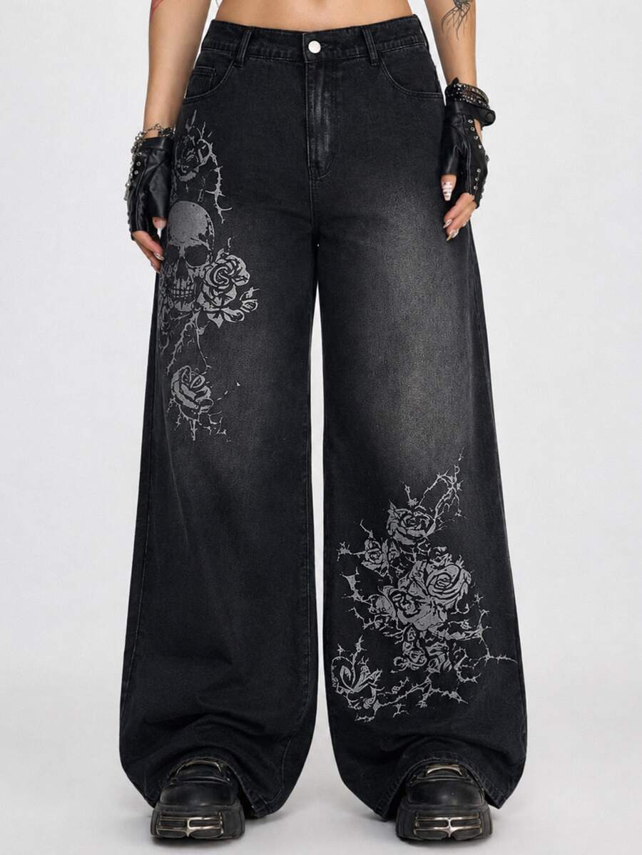 Women's gothic cross print baggy wide leg jeans made from denim with zipper fly and loose fit.