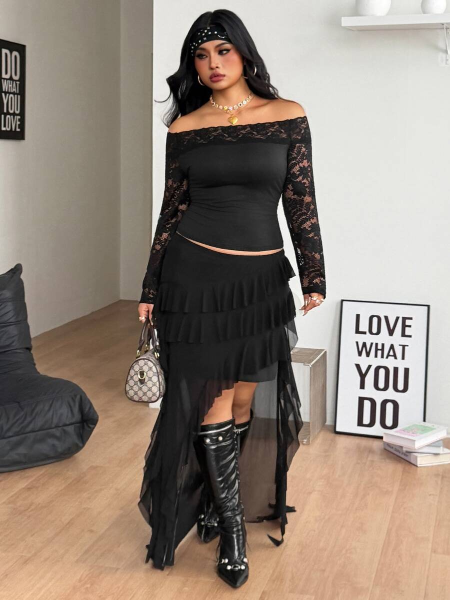 Women's striped off the shoulder long-sleeve top with contrast lace trim and ribbed knit texture.