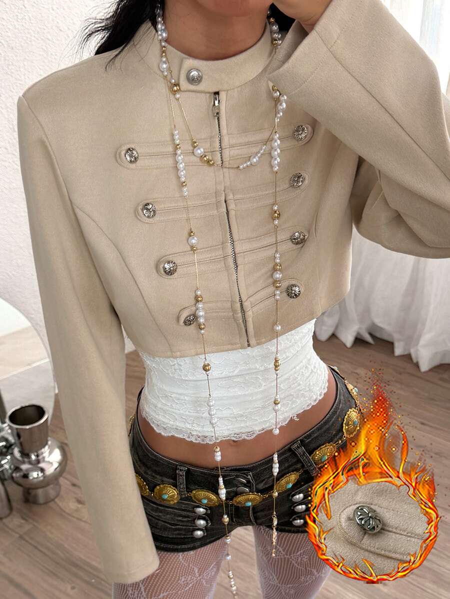 Women's metallic grey cropped faux leather jacket featuring a stand collar and asymmetrical zip front closure.