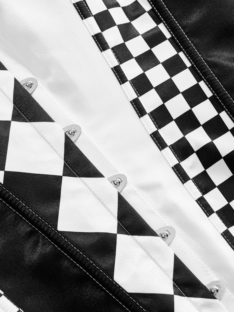 Black and white checkerboard pattern strapless bandeau bodysuit top with lace-up front, button detailing, and an asymmetrical hem in smooth satin.