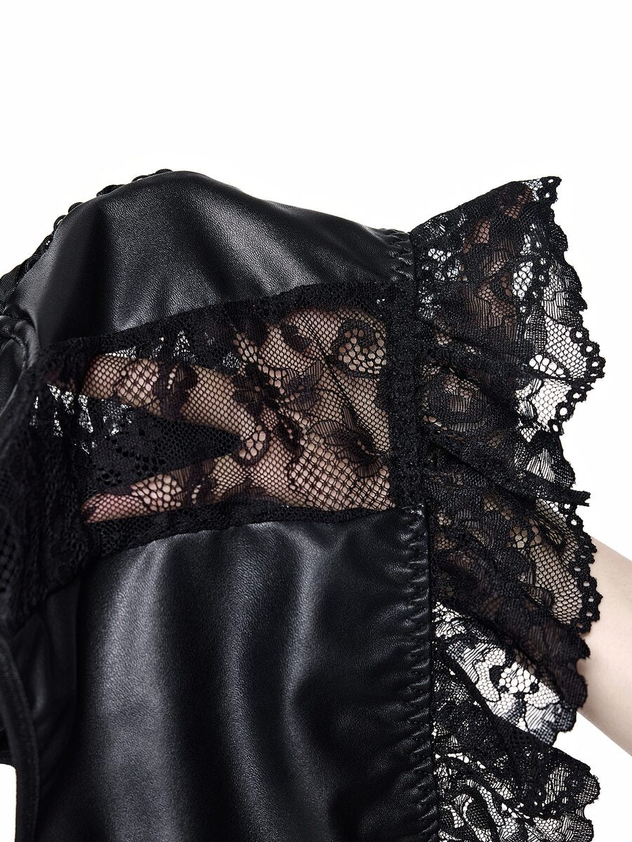 Front view of a black gothic camisole top featuring PU material, contrast lace trim, lace-up front detail, and spaghetti straps in a micro crop silhouette.