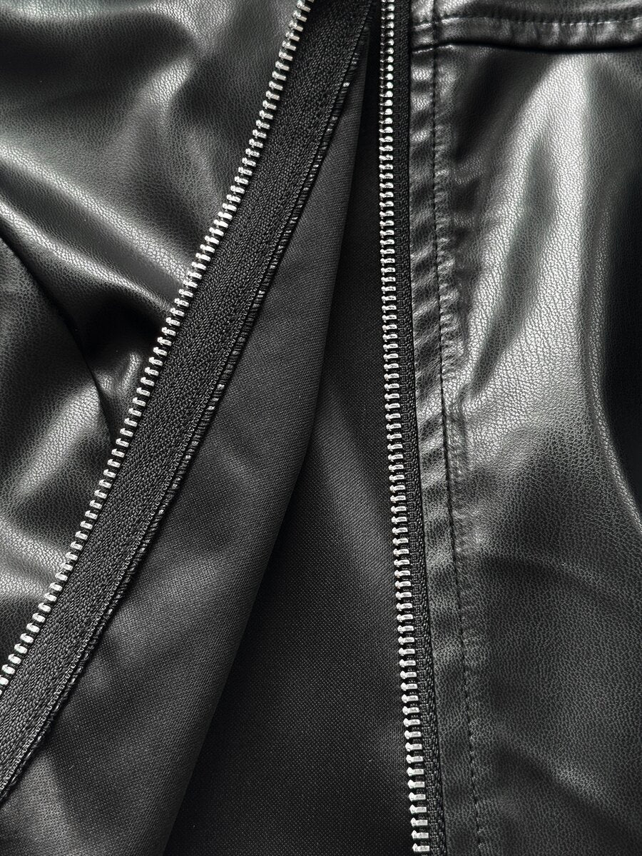 Front view of a women's black cropped PU leather jacket featuring a stand collar, long sleeves, and front zipper closure.