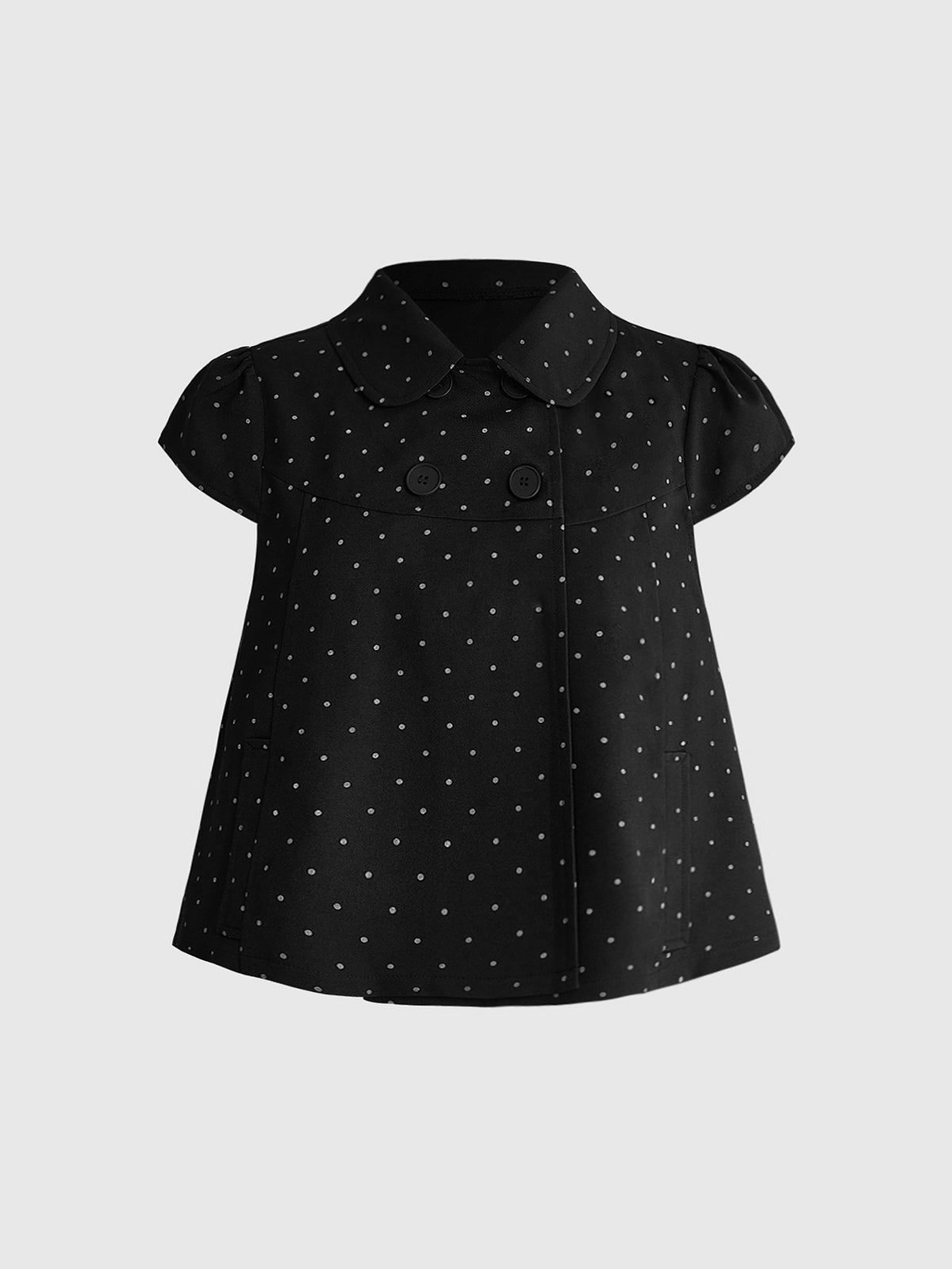 Women's short puff sleeve cotton blouse featuring a Peter Pan collar, double button detail, and front pocket.